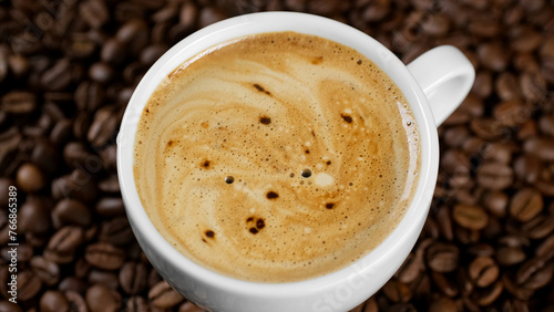 Hot black espresso coffee in white cup, close up