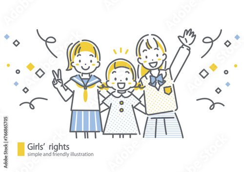 明るい笑顔の女の子たち　シンプルでお洒落な線画イラスト