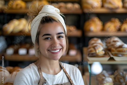 Passionate Female Bakery Owner Smiling in Her Shop. Concept Entrepreneurship, Small Business Success, Women in Business, Bakery Industry, Customer Satisfaction