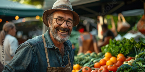 Friendly market vendor at organic produce stands, outdoor market portrait Local agriculture and sustainable food concept for design and editorial use