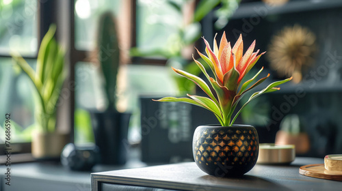 Wealththemed desk with a highend artificial flower in a sleek pot, symbol of prosperity , super detailed photo