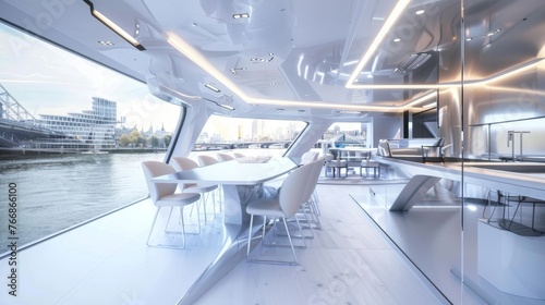 A dining room on a boat with a table, chairs, and water view
