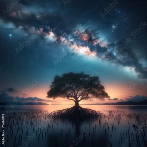 Silhouetted mangrove tree sits in lake under the Milky Way 
