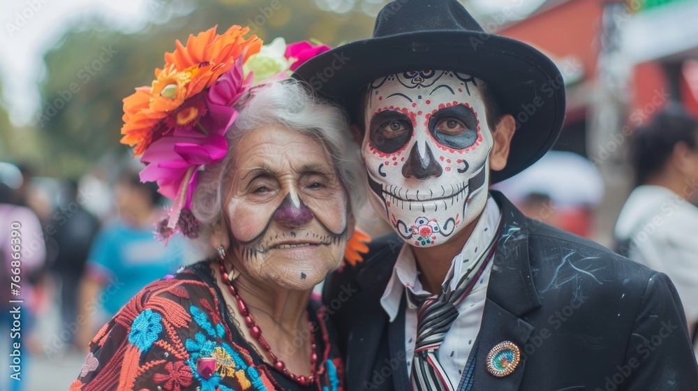 A man and a woman dressed up in day of the dead costumes A man and a woman dressed up in day of the dead costumes