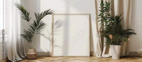 The 70x100 frame mockup poster is displayed in a corner of the living room on the wooden floor, leaning against a white wall adorned with plant decor.