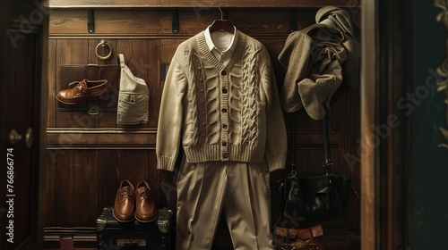 A UHD capture of a preppy-inspired outfit featuring a cable-knit sweater layered over a button-down shirt, paired with pleated trousers and leather loafers, exuding classic collegiate style.