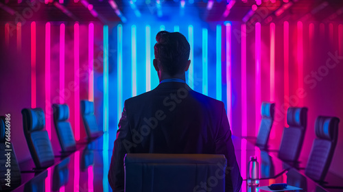 A businessman in a powerful suit leading a meeting in a neon-lit boardroom photo