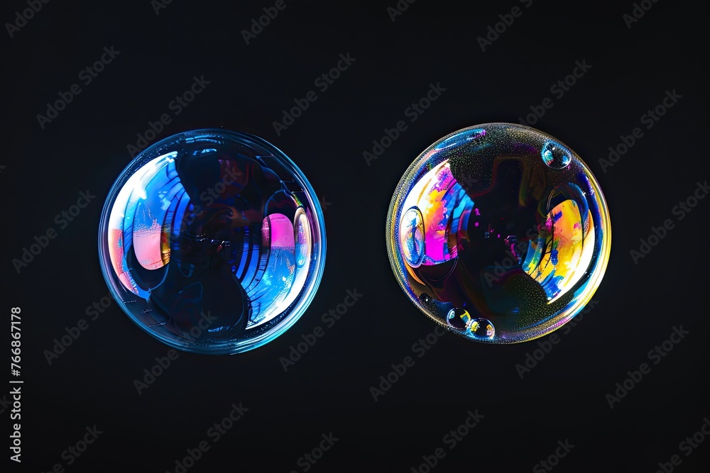 Two colorful soap bubbles flying on black background Two colorful soap bubbles flying on black background