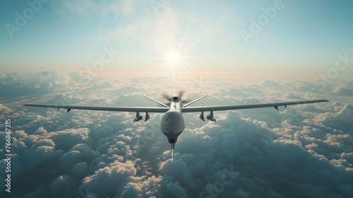 Unmanned military drone flying in the sky above the clouds, American technology, Concept: military reconnaissance drone.