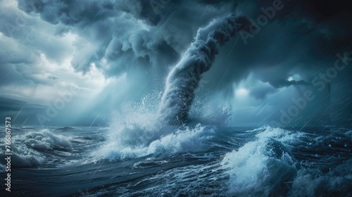 A hurricane or even a tornado formed over the ocean. Generative AI © Dvid