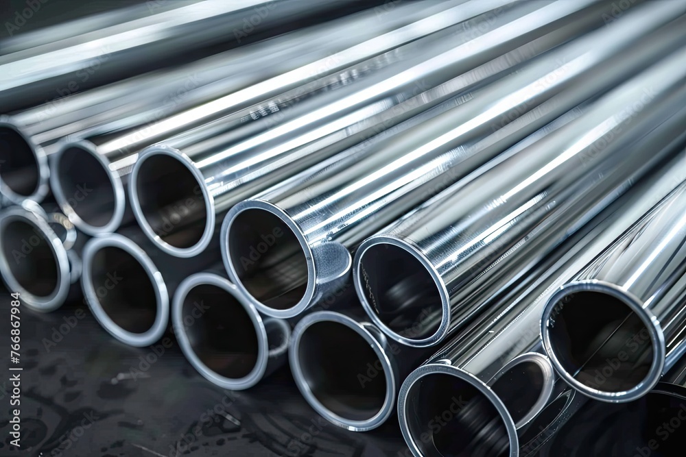 A row of silver pipes are stacked on top of each other. The pipes are shiny and metallic in appearance A row of silver pipes are stacked on top of each other. The pipes are shiny and metallic in appearance