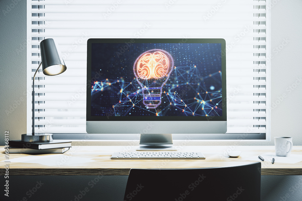 Creative light bulb with human brain hologram on modern laptop monitor, artificial Intelligence and neural networks concept. 3D Rendering Creative light bulb with human brain hologram on modern laptop monitor, artificial Intelligence and neural networks concept. 3D Rendering