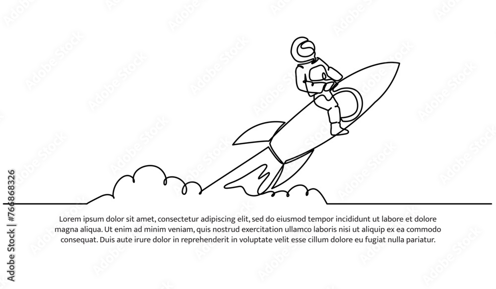 Continuous line design of the rocket flew. Decorative elements drawn on a white background.