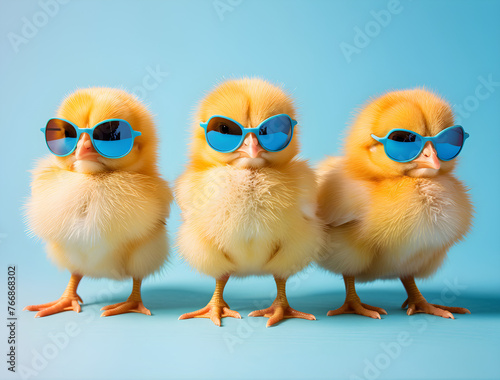 Three yellow chicks wearing blue sunglasses on a studio blue background, easter concept.
