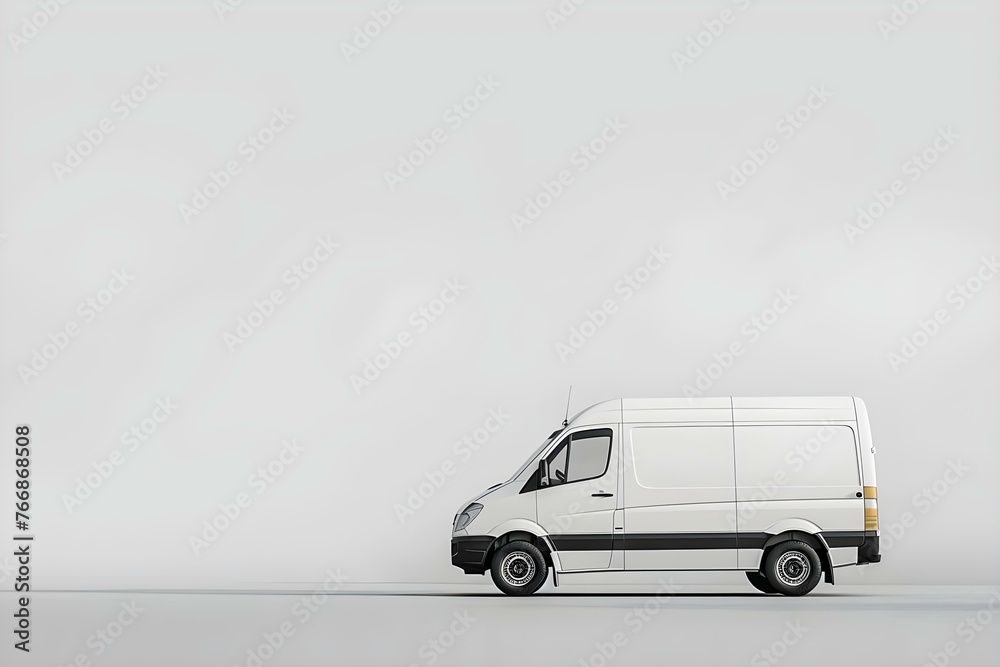 Blank white delivery van with copy space side view isolated on empty background. Concept Transportation, Delivery Van, Copy Space, Blank Background, Isolated
