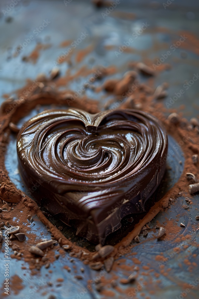 heart shaped chocolate cake with cocoa powder