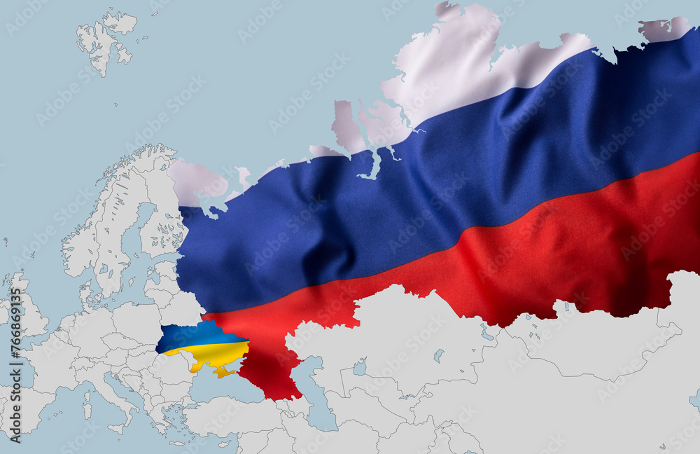 Map of Ukraine and Russia indicated by the colors of the national flag