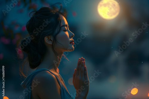 A woman in a serene side view, experiencing a state of bliss with a subtle moonlight glow