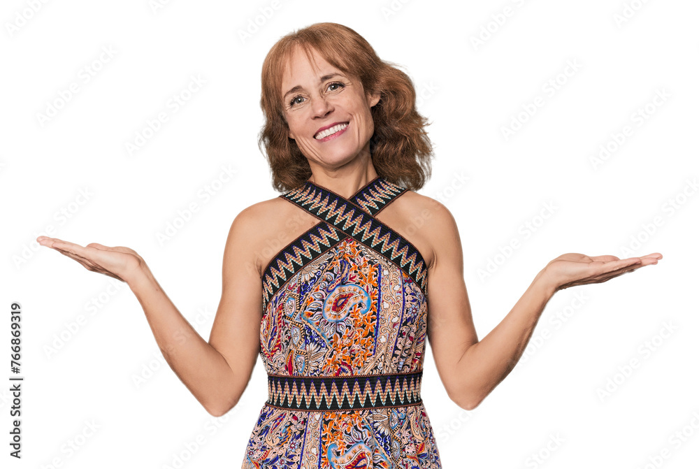 Redhead mid-aged Caucasian woman in studio makes scale with arms, feels happy and confident. Redhead mid-aged Caucasian woman in studio makes scale with arms, feels happy and confident.