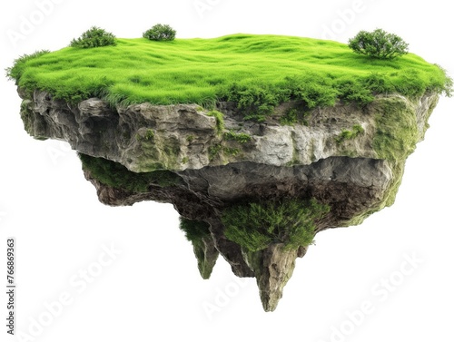 A vibrant green floating island with lush grass and trees on a rocky base, symbolizing fantasy, isolation, and nature concepts.