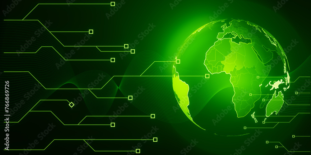Creative glowing futuristic green globe hologram on blurry wide background. Digital innovation and technology concept. 3D Rendering. - obrazy, fototapety, plakaty 