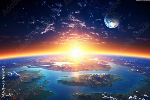 Panoramic view of the Earth  sun  star and galaxy. Sunrise over planet Earth  view from space - generative ai