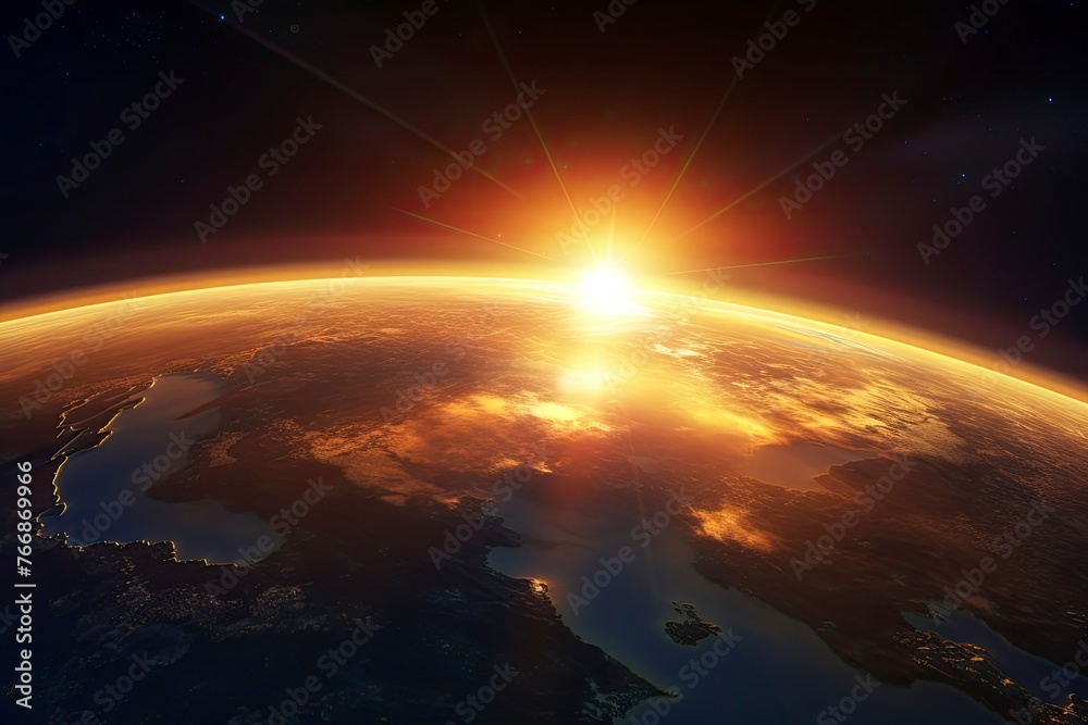 Panoramic view of the Earth, sun, star and galaxy. Sunrise over planet Earth, view from space - generative ai