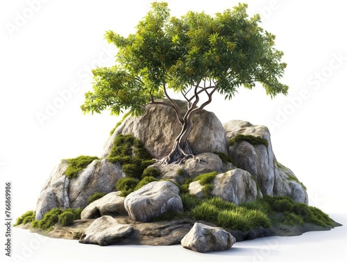 A sturdy tree with dense foliage emerging from a rugged boulder formation, symbolizing resilience and growth.