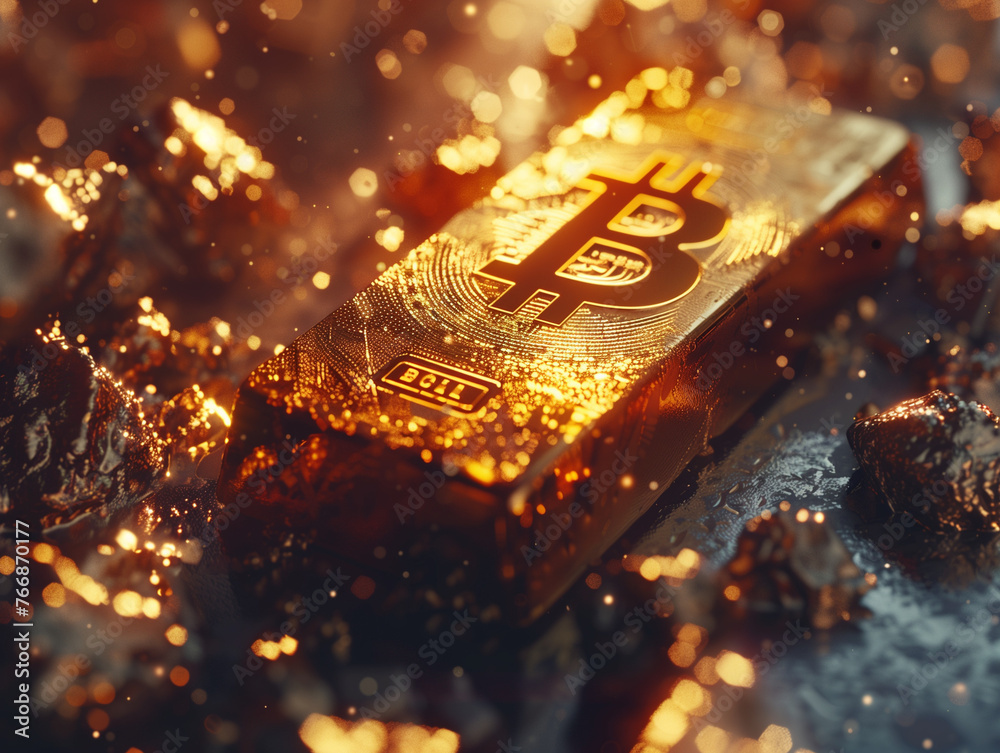 Gold bar with bitcoin symbol on it Gold bar with bitcoin symbol on it
