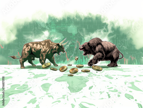 Drawing of a bear and a bull standing face to face with bitcoin coins between them