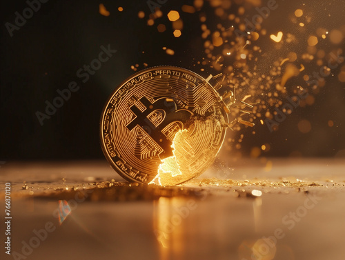 Bitcoin coin cracked with light and gold particles coming out of it