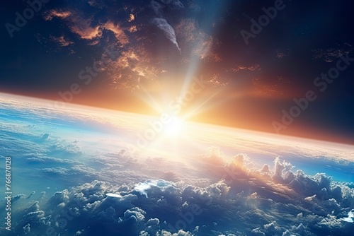 Panoramic view of the Earth, sun, star and galaxy. Sunrise over planet Earth, view from space - generative ai