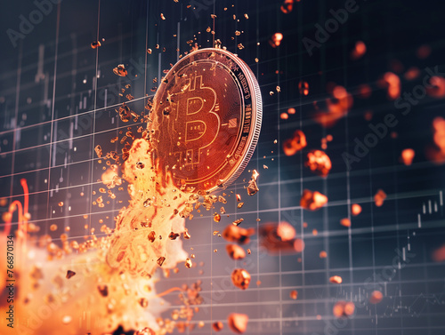 Bitcoin coin blasting fire flying upwards with market charts behind
