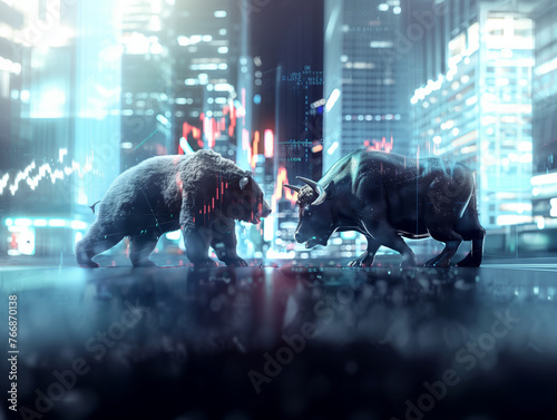 Illustration of a bear and a bull standing face to face in a financial district with market chart behind them