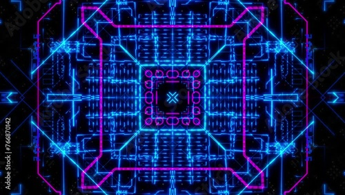 Beautiful abstract symmetry kaleidoscope with shiny neon lines, 3d rendering backdrop, VJ loop background