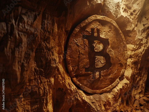 Bitcoin symbol carved on a cave wall