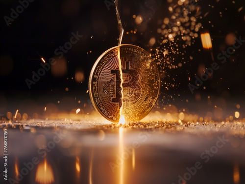 Bitcoin coin split in two pieces with gold dust and particles