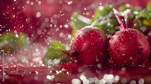 Fresh red beets with water droplets on a vibrant red background