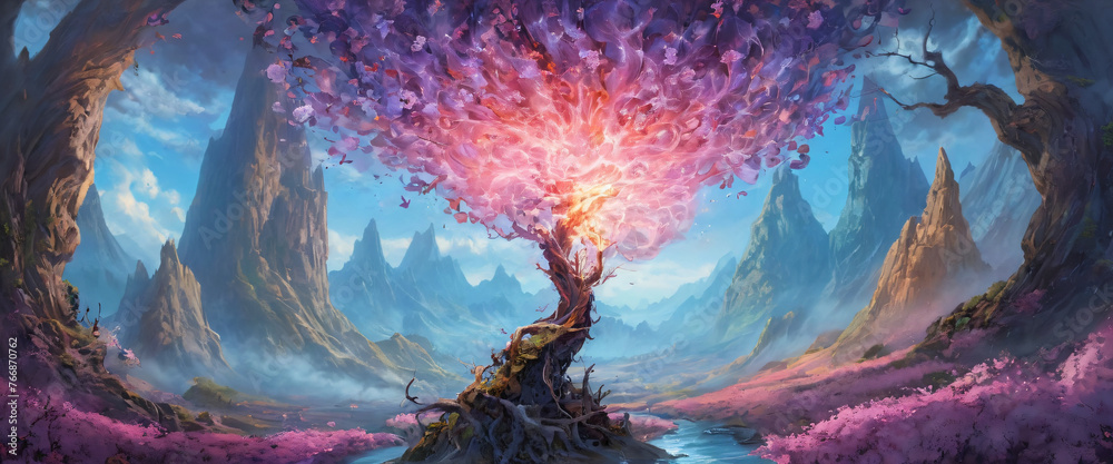 Fantasy location nature with a magic tree, mountains and magic. Fairytale illustration concept art