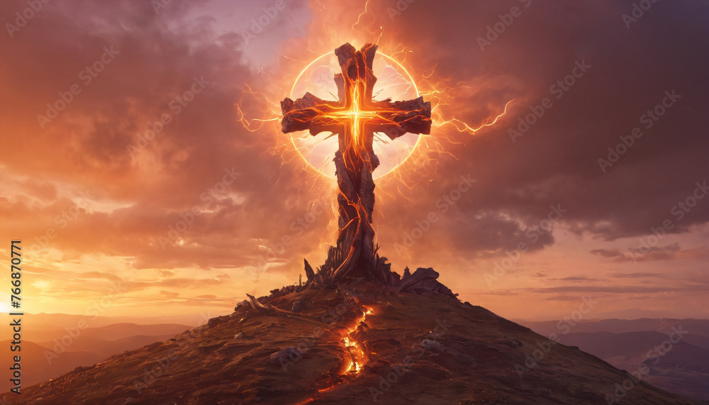Large Christian cross on a hill against sunset background