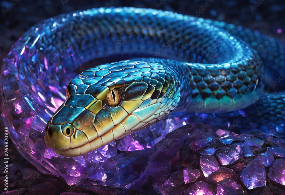 Obraz premium Beautiful mother-of-pearl snake reptile among precious crystals and stones. Mirror scales. Magical fantasy animal