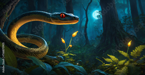 Green reptile snake in the dark forest photo