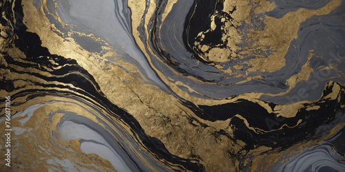 Texture from abstraction of spilled paints. Black and gray stains with gold