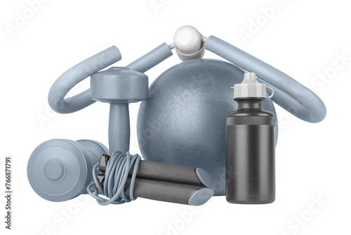 Fitness equipment, front view, close-up. Dumbbells, sports bottle of water, jump rope, s-shaped leg exercise machine, fitness ball. Home workout. Fitness and activity.