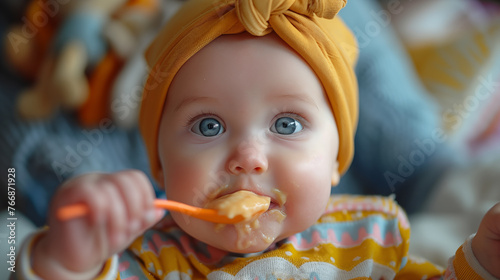 Cute little baby girl with blue eyes eating puree from spoon