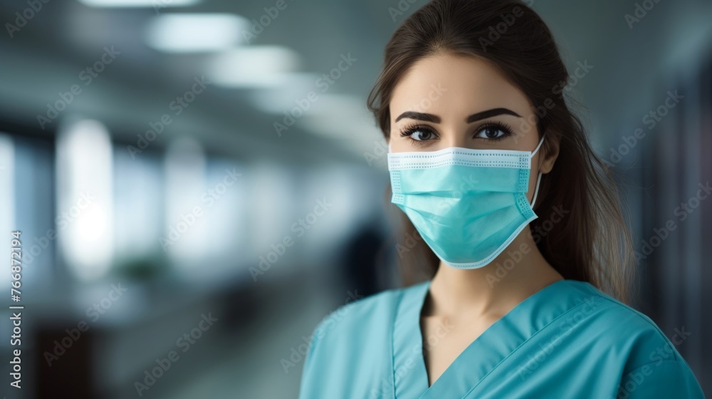 Young female nurse at camera wearing surgical mask and scrubs ,Hyper realistick stlye