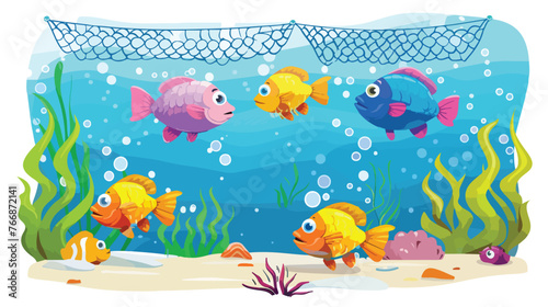 Fototapeta Naklejka Na Ścianę i Meble -  Cartoon scene with fish in the net  illustration 