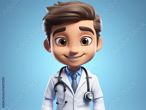3d render Human doctor cartoon character with stethoscope, looking at camera Clip art isolated on blue background Professional recommendation Medical presentation ,Hyper realistick stlye