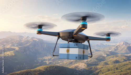 Package cardboard box with flag Argentina drones fly above sky, business concept and air transportation industry, unmanned aircraft robot to home,and controlled by remote AI