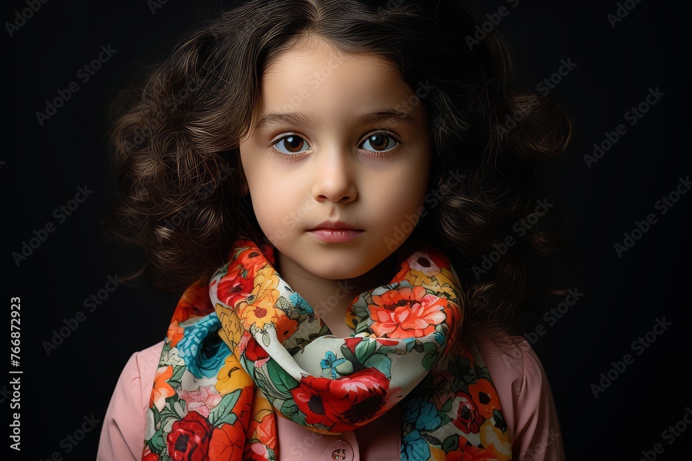 Portrait of a beautiful little girl with curly hair and a colorful scarf on a black background Portrait of a beautiful little girl with curly hair and a colorful scarf on a black background